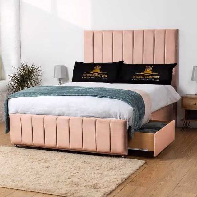 UK Bed Furniture Falcon Single Divan Bed with 2 Drawers and 26 Inch Headboard in Pink Velvet