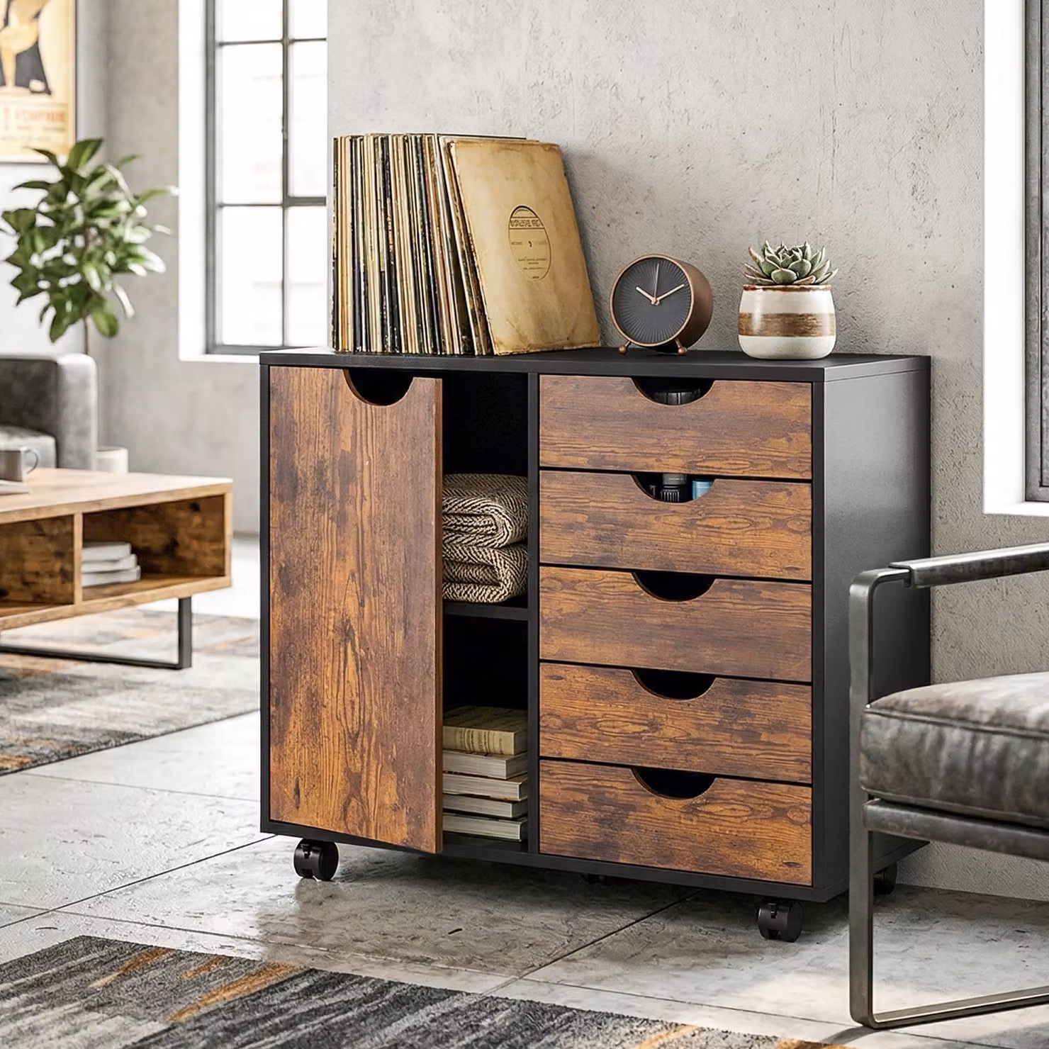 HOMCOM Multi-Storage Mobile Office Storage Cabinet in Rustic Brown – 8