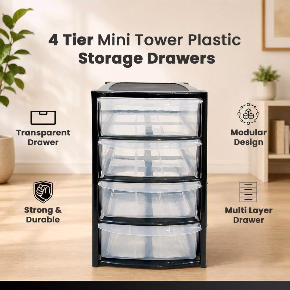 MANTRARAJ 4-Tier Mini Tower Storage Organiser with Plastic Drawers, Black and Transparent, W/D/H: 40.0 x 26.0 x 19.0 cm – 3