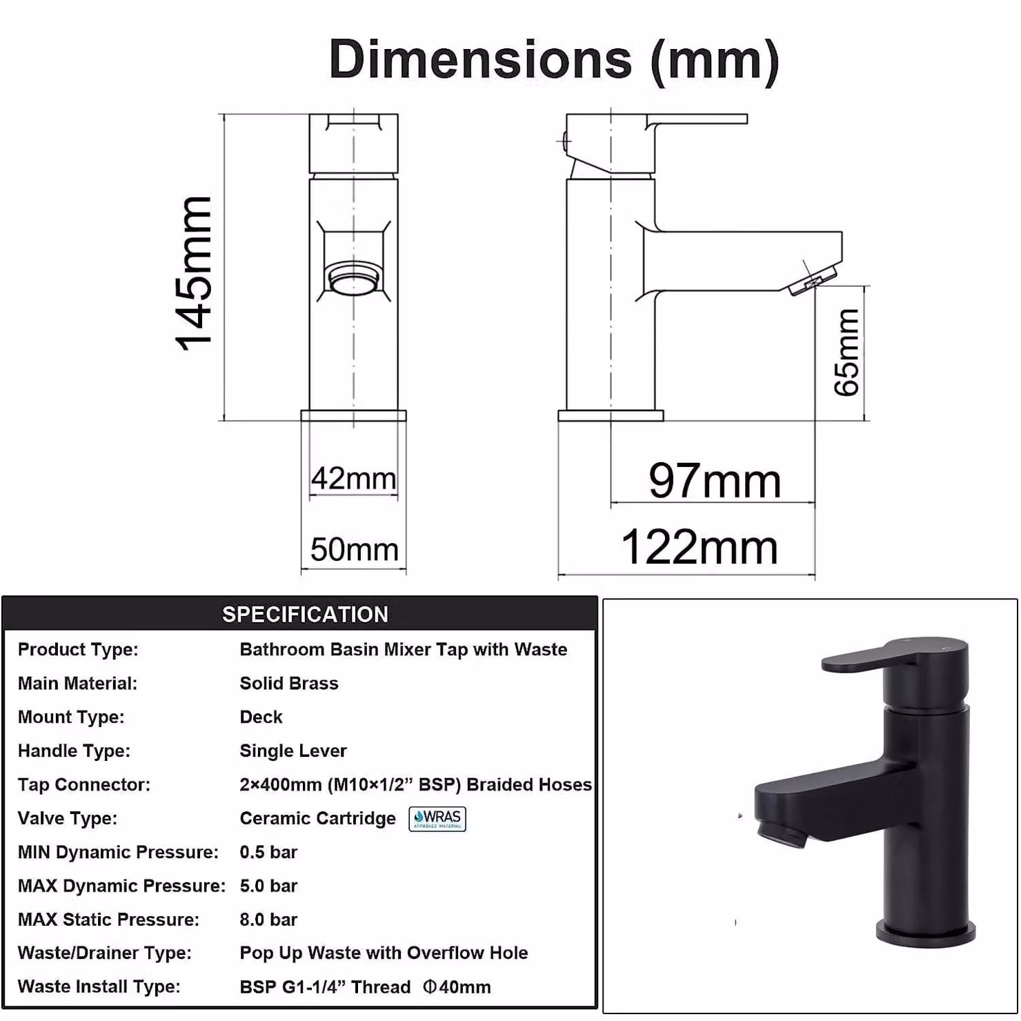 BATHWEST Matt Black Brass Basin Mixer Tap