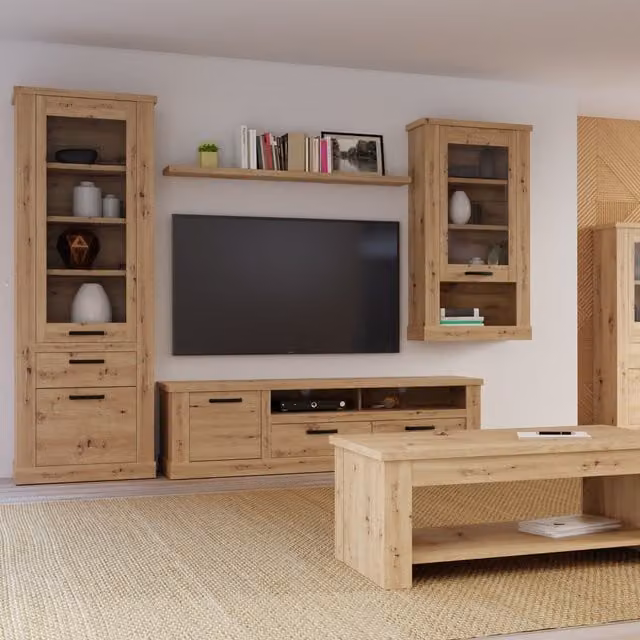 Furniture To Go Corona Narrow Display Cabinet in Artisan Oak with Glass Doors and Integrated Lighting