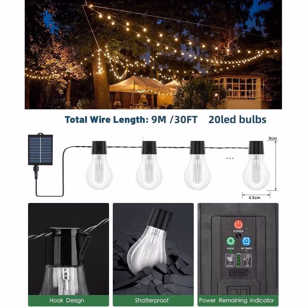 SPETLEK Solar Powered Retro LED Bulb String Light for Garden, Black, Warm White – 2