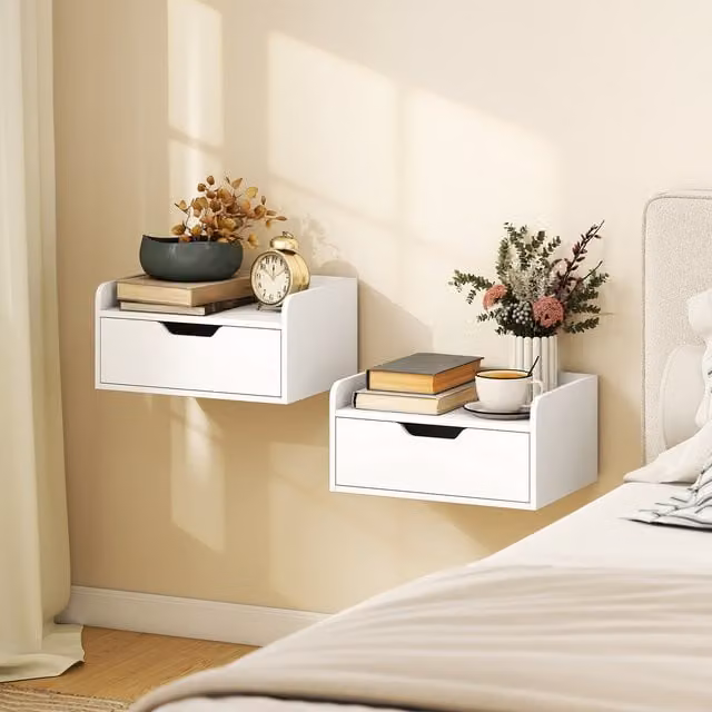 HOMCOM Set of 2 White Wall Mounted Floating Nightstands with Drawer