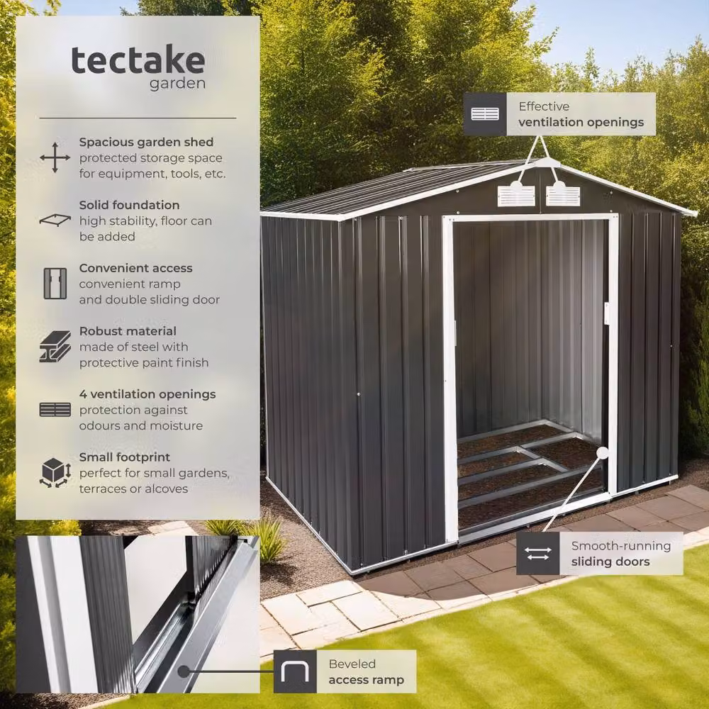 tectake Steel Gable Roof Shed with Sliding Doors in Anthracite, W/D/H: 214 x 130 x 185 cm – 2