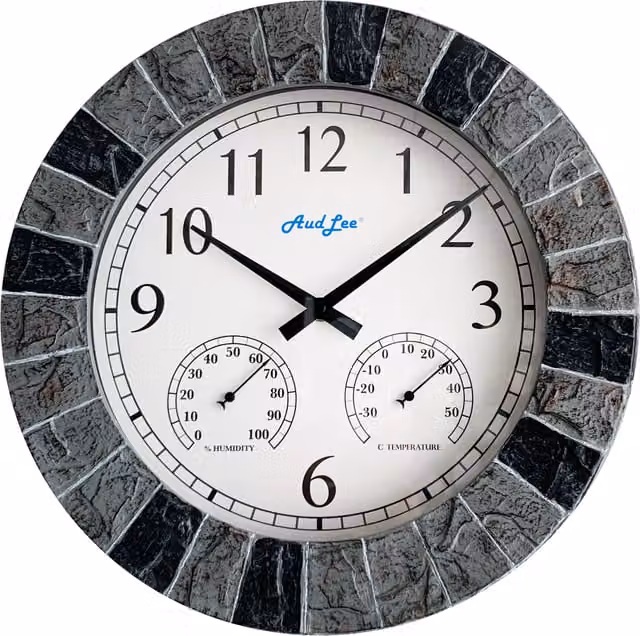 Audlee Faux Slate Round Wall Clock with Silent Analog Thermometer and Hygrometer in Grey and Black