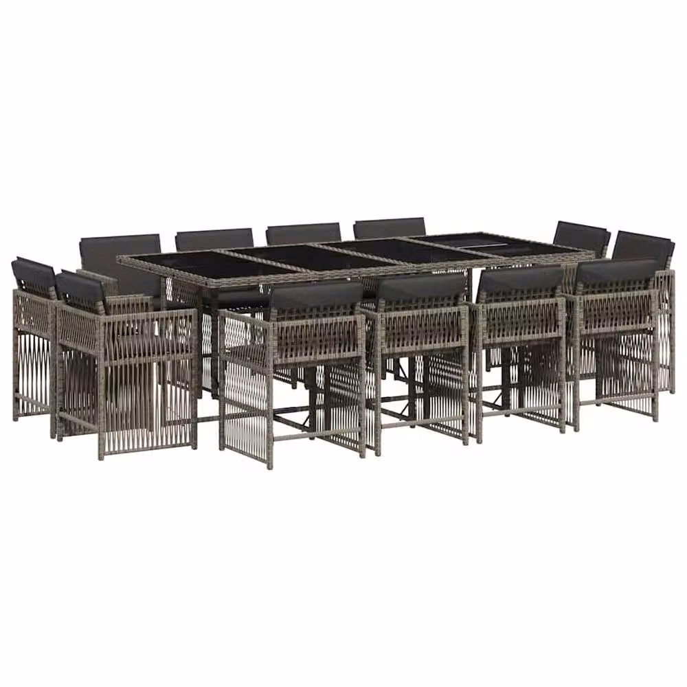 Berkfield Home 13 Piece Grey Poly Rattan Garden Dining Set with Cushions and Glass Tabletop – 2