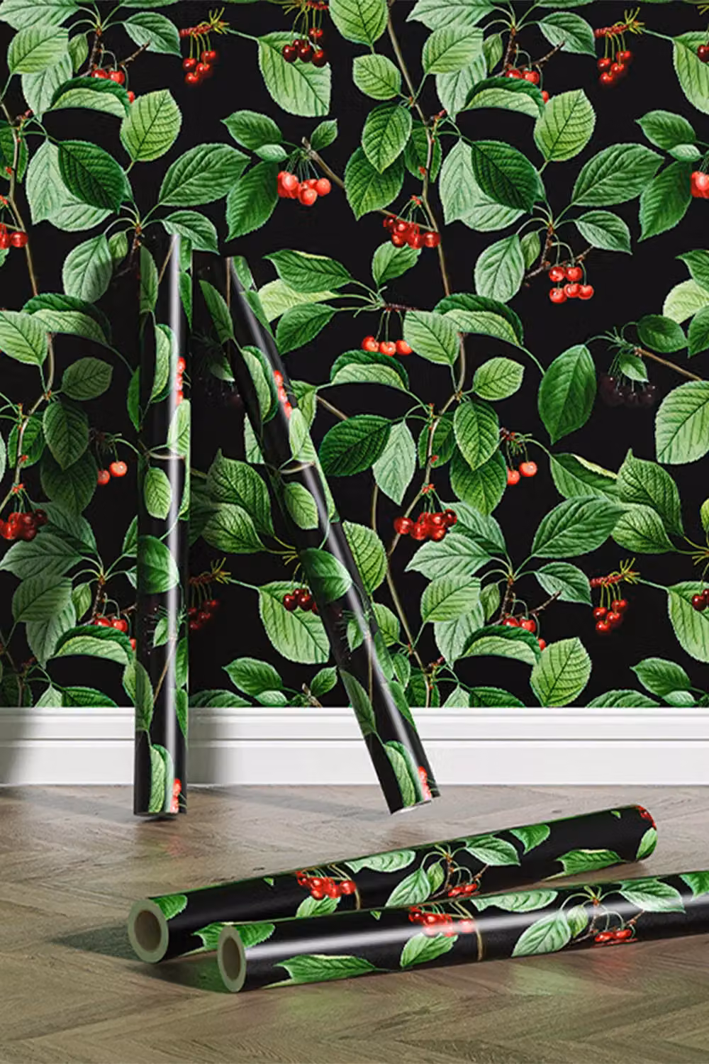 Living and Home Little Cherry Waterproof Vinyl Wallpaper Roll, Green and Red Botanical Floral Design, W: 44 cm, L: 5 m – 3