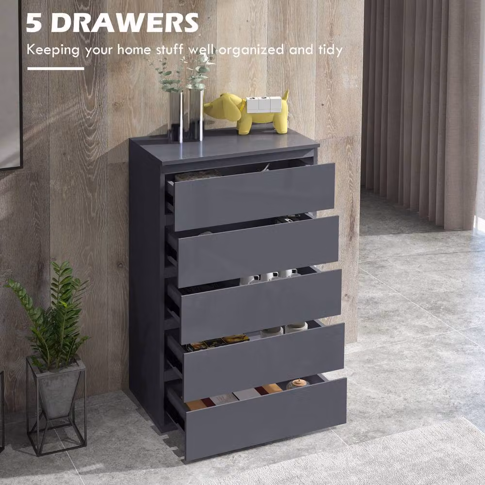STILVORA Modern Grey Glossy Chest of Drawers with 5 Soft-Close Drawers – 3