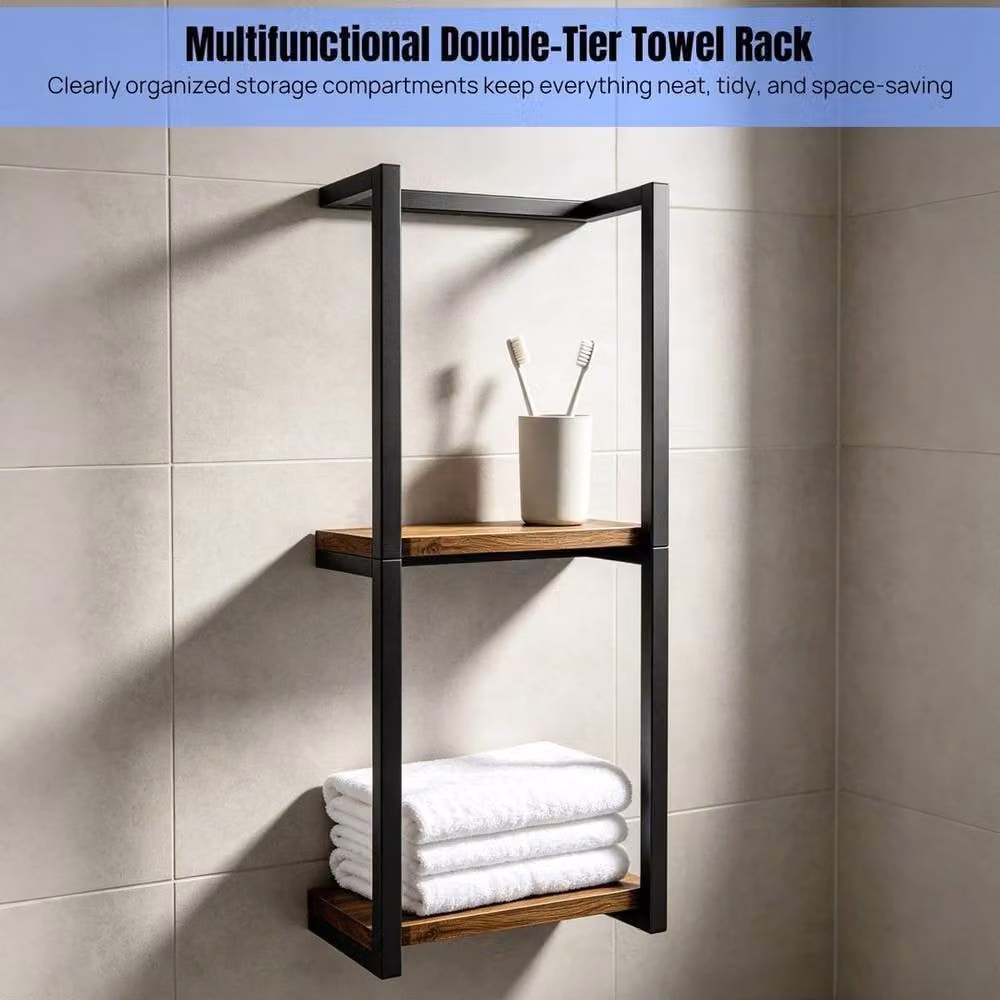 Kelvenix Wall Mounted Industrial Metal and Wood Towel Rack with Hanging Rod in Brown and Black – 3