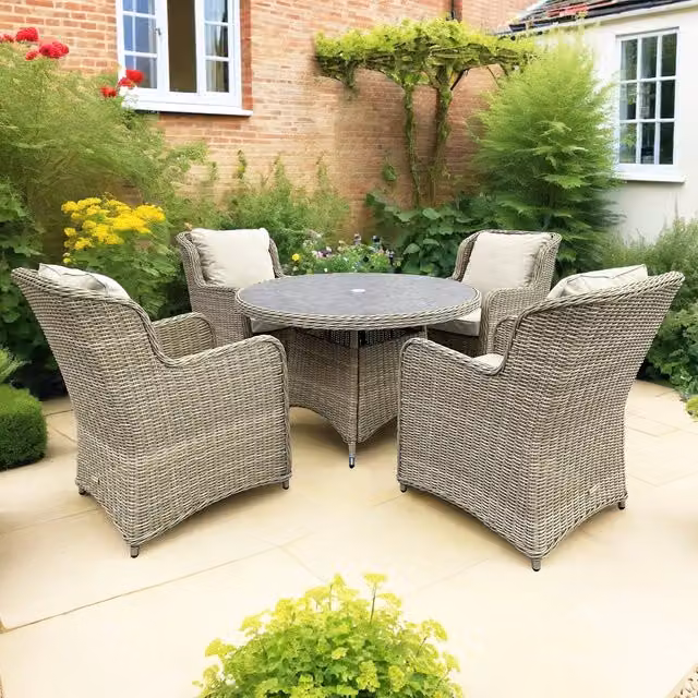 Bracken Outdoors Modern Round Rattan Garden Dining Set with 4 Chairs and Ceramic Table in Brown, Diameter: 120 cm