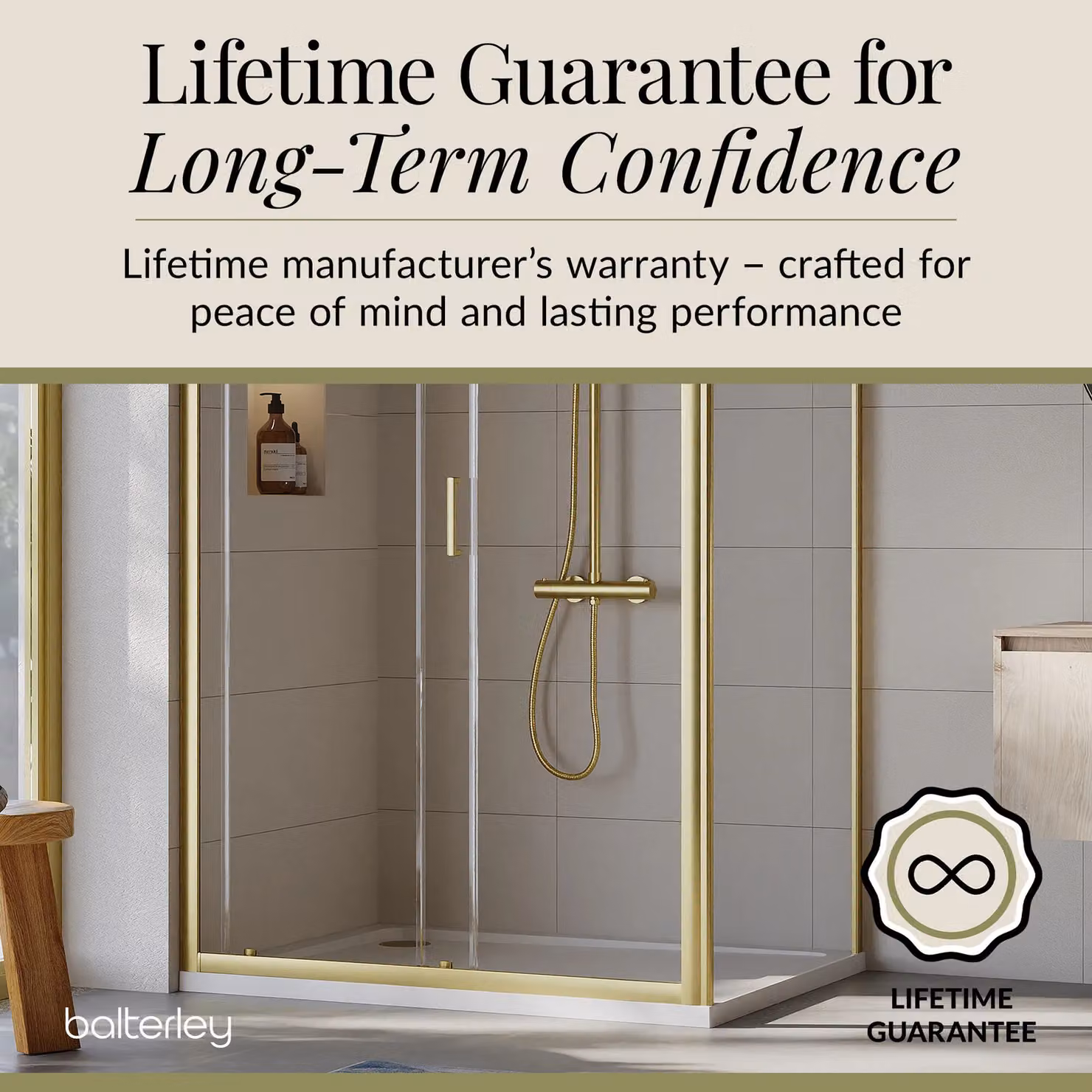 Balterley Ruwa Sliding Shower Suite with Rectangular Tray and 6mm Clear Glass Door Panel, Gold, W/D/H: 1200 x 900 x 190 mm – 4