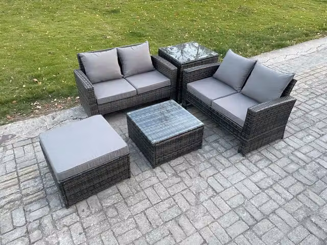 Fimous 5 Piece Grey Rattan Garden Furniture Set with 2 Double Seater Sofas, Coffee Table and Ottoman