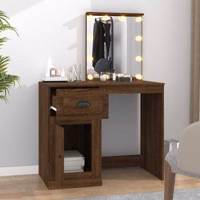 Berkfield Home White and Brown Oak Dressing Table with Hollywood LED, W/D/H: 90 x 50 x 132.5 cm – 1