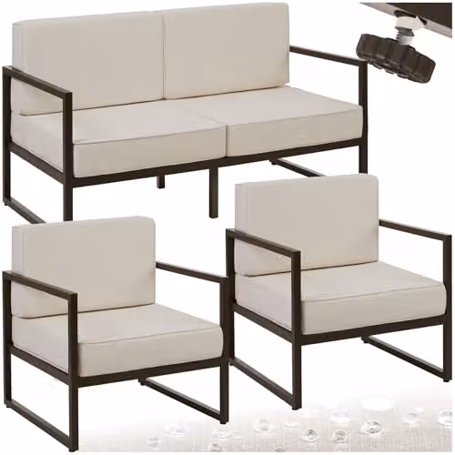 tectake Minimalist Garden Furniture Set in White with 2-Seater Sofa, 2 Lounge Armchairs and Upholstered Cushions with Powder Coated Steel Frames