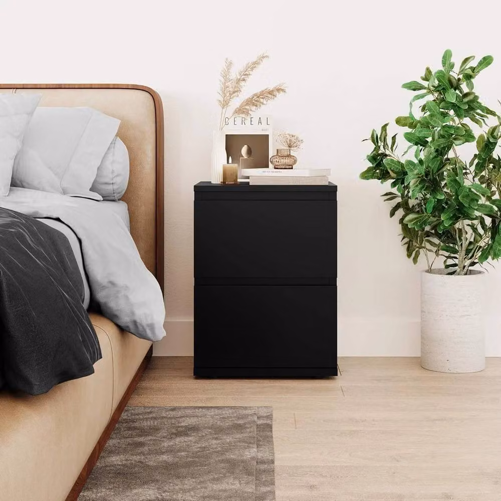 VOGREX Black 2-Drawer Wood Storage Bedside Cabinet – 3