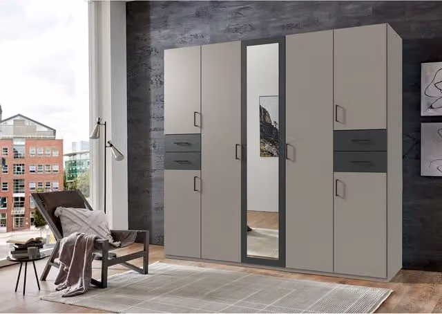 TJS Vegas 9 Door Wardrobe in Grey and Graphite with Mirror and Drawers, Width: 225 cm