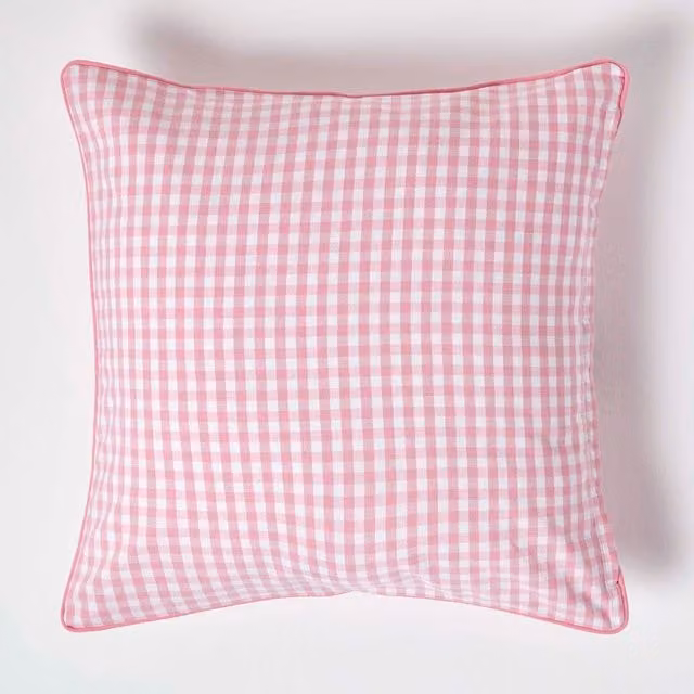 Homescapes Pink Cotton Gingham Check Square Cushion Cover, W/D/H: 60 x 60 x 60 cm