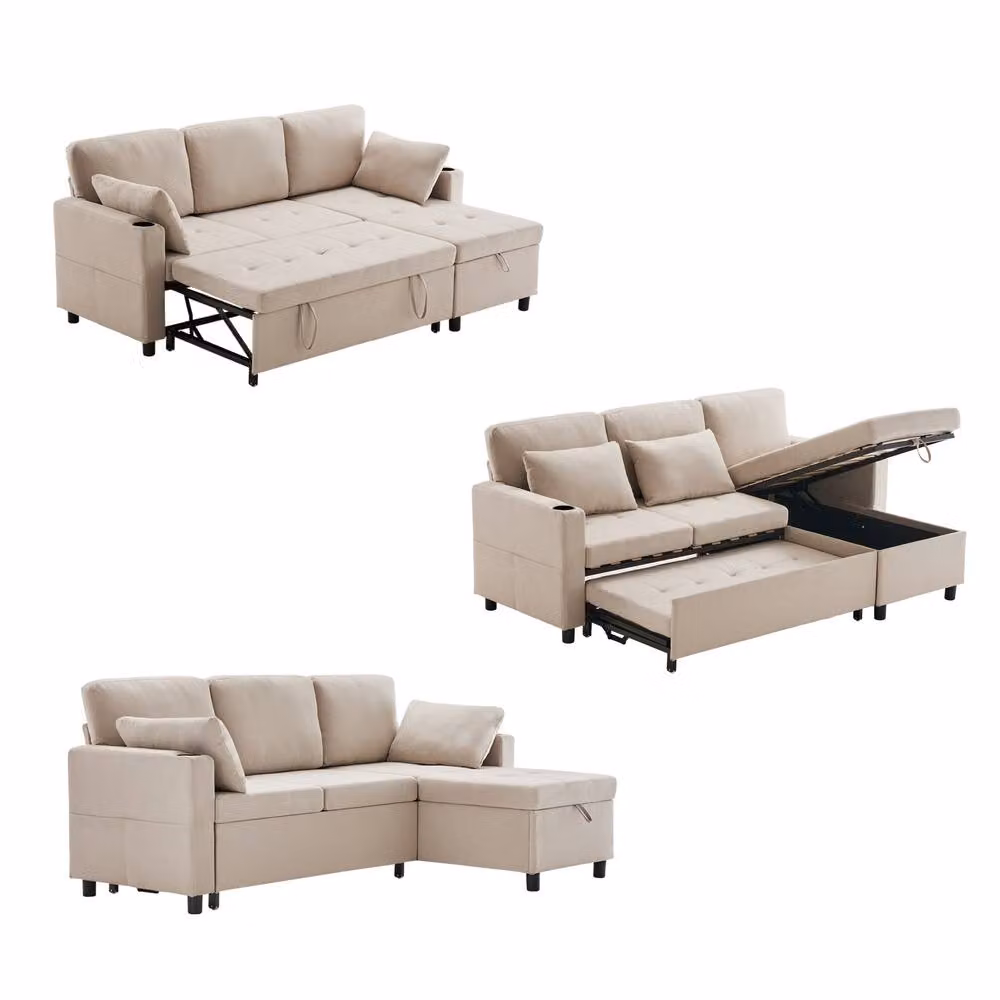 Rolipo Beige Fabric 3 Seater L-Shaped Corner Sofa Bed with Storage and Cup Holders – 2