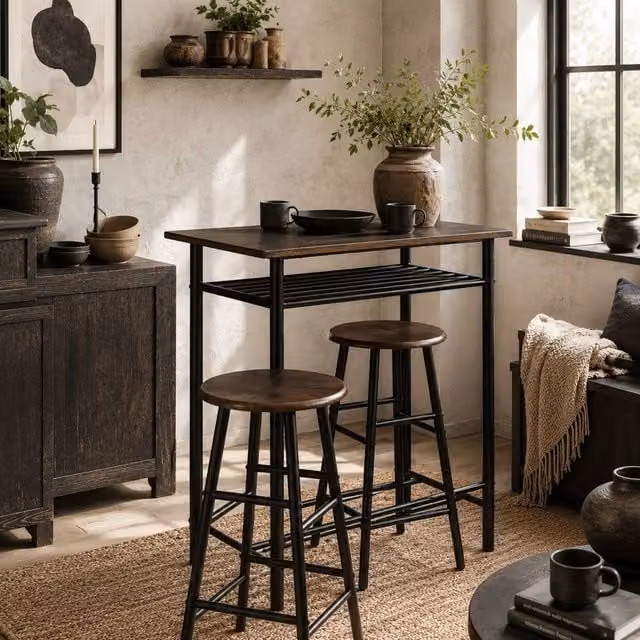 Wyld Haus Yoliba 3 Piece Breakfast Bar Table and Stool Set in Black and Oak – 1