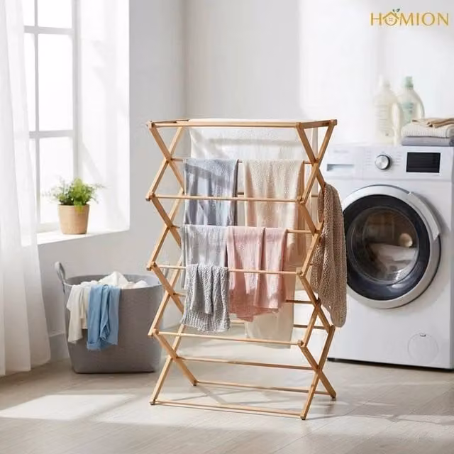 EONLION 4 Tier Classic Foldable Bamboo Wooden Clothes Airer in Brown, Width: 100 cm
