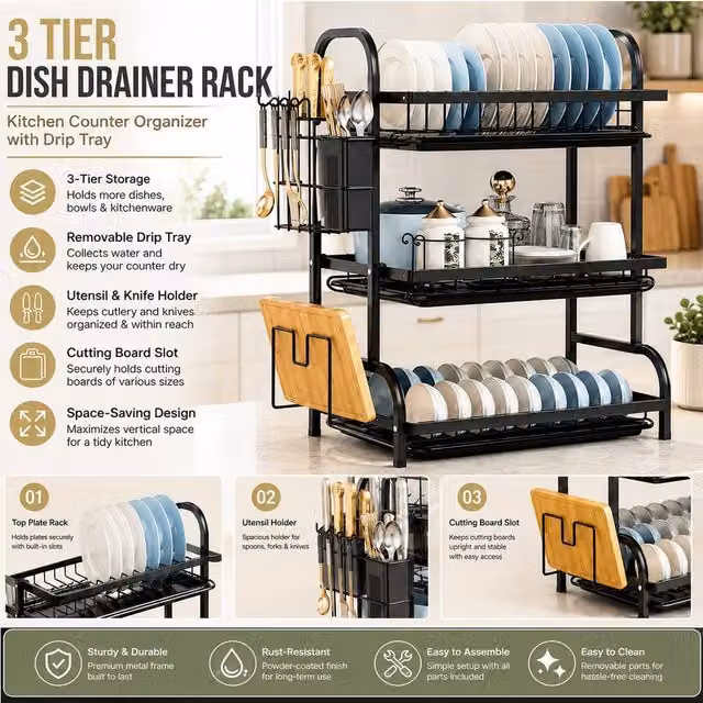 ATEK 3 Tier Black Steel Kitchen Dish Drainer Rack with Cutlery Holder and Cutting Board Holder