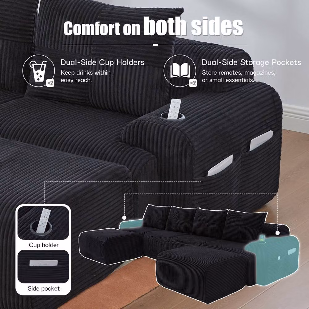 Rolipo 4-Seater Black Corduroy Modular U-Shape Sofa with Matching Ottomans and Cup Holders – 6