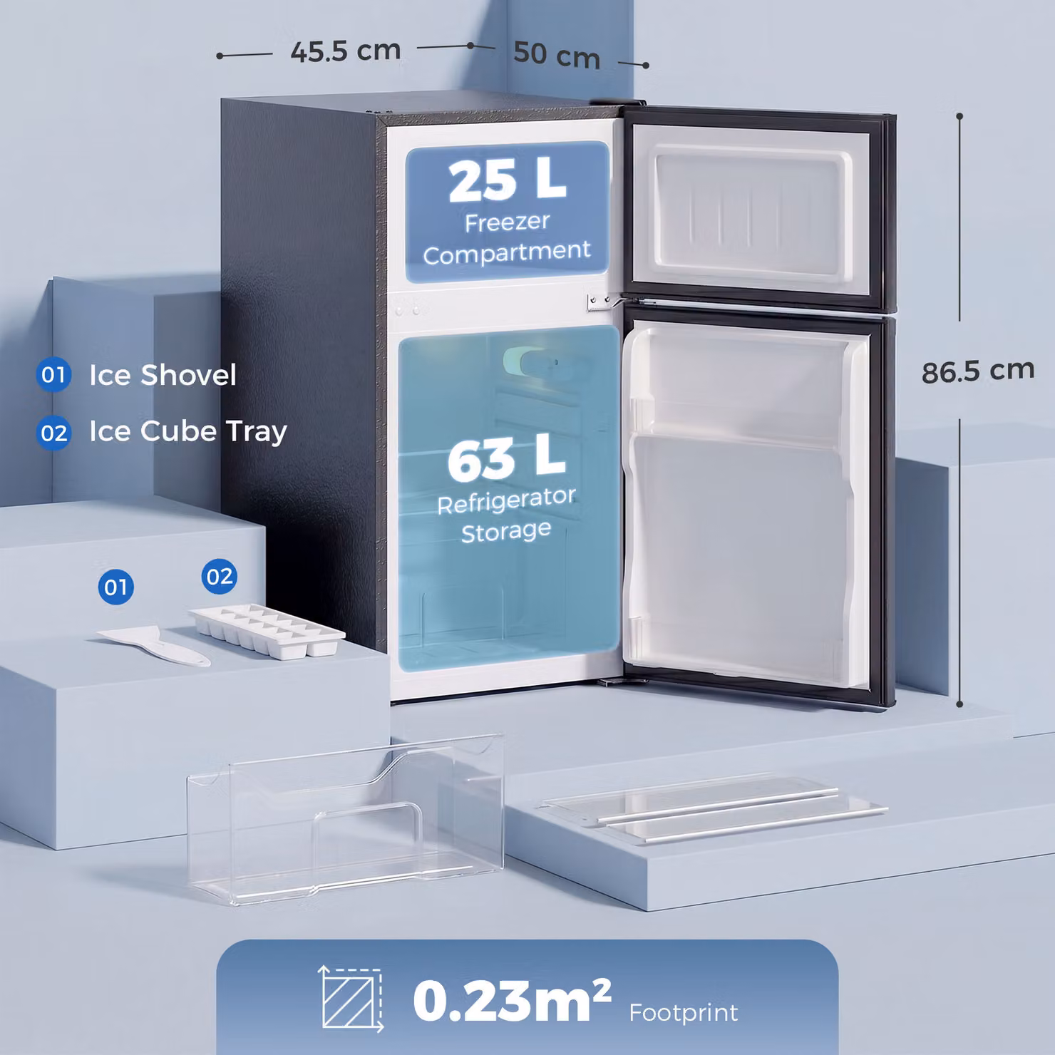 HOMCOM 88L Under Counter Fridge Freezer in Black with Reversible Door and 5-Setting Temperature Control – 3