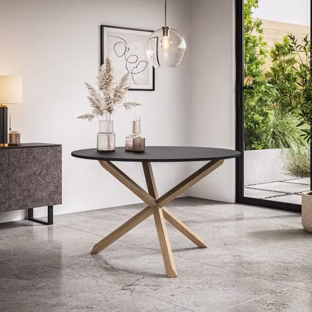 More4Homes Malvern Round Glass Dining Table with Solid Oak Legs, Black, Diameter: 120 cm, Height: 75 cm