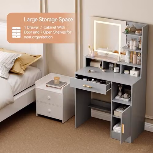 MCC Direct Truro Dressing Table with Hollywood LED Mirror and Storage in Grey, W/D/H: 140 x 40 x 80 cm – 6