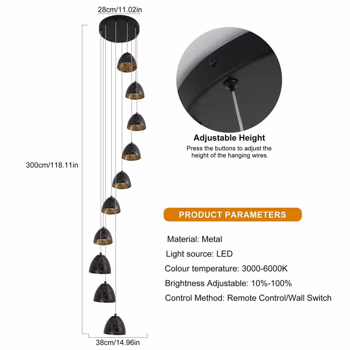 Garwarm 10 Light LED Dimmable Modern Pendant Staircase Chandelier in Black and Gold/Brass – 4