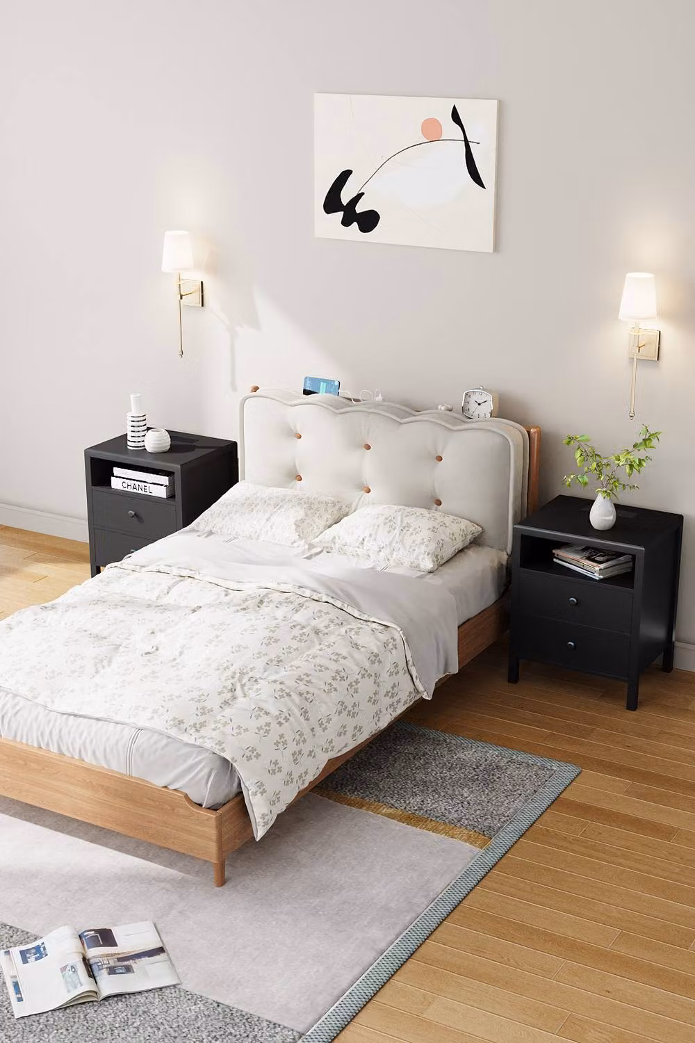Living and Home Set of 2 Black Modern Bedside Tables with Charging Station and Drawers – 3