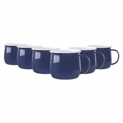 Argon Tableware Enamel Belly Mugs, 375ml, Blue and White, Set of 6