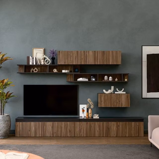 Decorotika Elche Wall Mounted Entertainment Center in Black and Brown with Striped Pattern