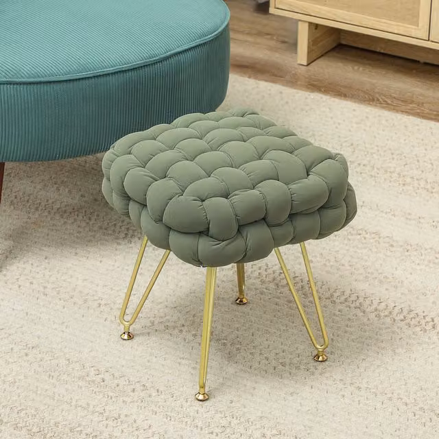 HOMCOM Modern Woven Velvet Foot Stool with Metal Legs, Green