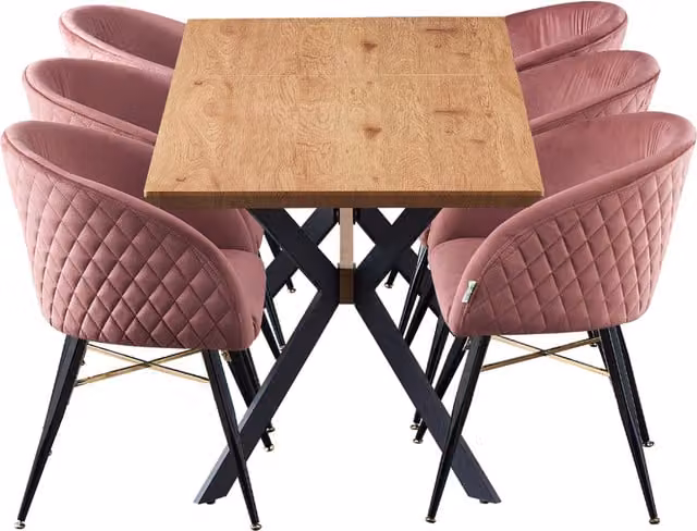 Life Interiors Vittorio Blaze LUX Pink Mid-Century Extendable Dining Set with Rectangular Table and 6 Chairs