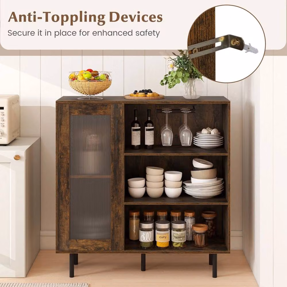FORGEVIO Industrial Coffee Bar Cabinet Sideboard with Adjustable Shelf in Brown – 3