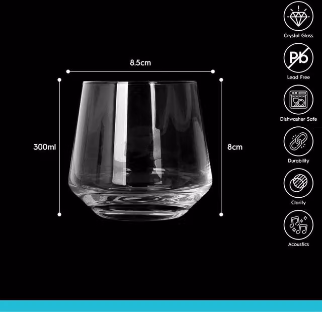 Argon Tableware Lead-Free Crystal Tumbler Glasses, 300ml, Pack of 6, Transparent White