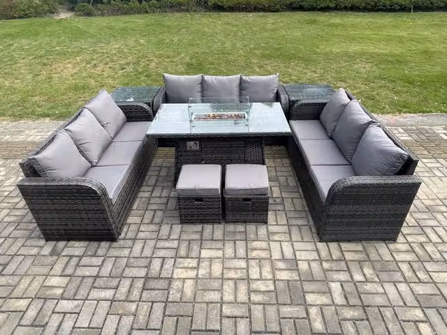 Fimous Outdoor Rattan Garden Dining Set with Gas Fire Pit Table, 2 Side Tables, Lounge Sofa and 2 Footstools in Dark Grey