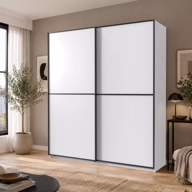 Ulm Sliding Door Wardrobe in White and Black Matt Finish, Width: 180 cm