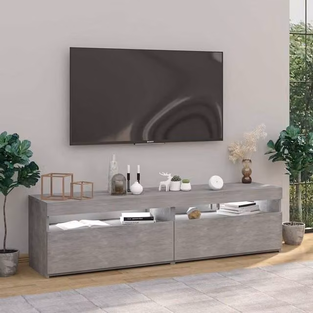 Berkfield Home Set of 2 Modern TV Cabinets with LED Lights in Concrete Grey, W/D/H: 75 x 35 x 40 cm – 1