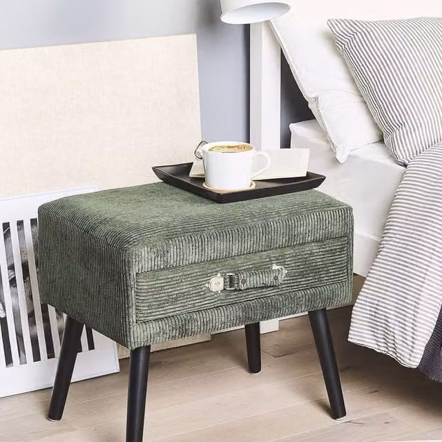 Wyld and Coco Dark Green Corduroy Side Table with Hidden Storage W: 46 cm, D: 50 cm, H: 35 cm
