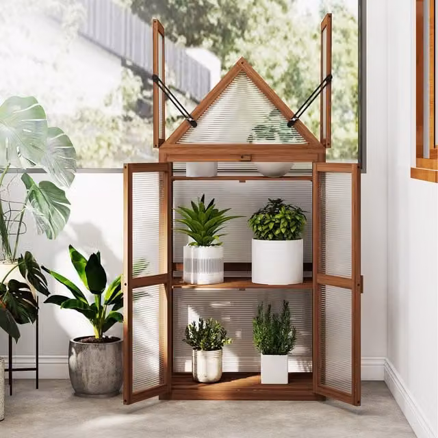 Costway Mini Cold Frame Greenhouse with Transparent Shelving in Brown