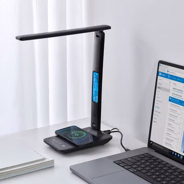 Livingandhome Foldable LED Table Lamp with Wireless Charger in Black