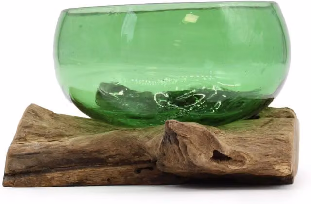 KDMK Handmade Abstract Beer Bottle Glass Art Piece with Rustic Wooden Base in Brown and Green