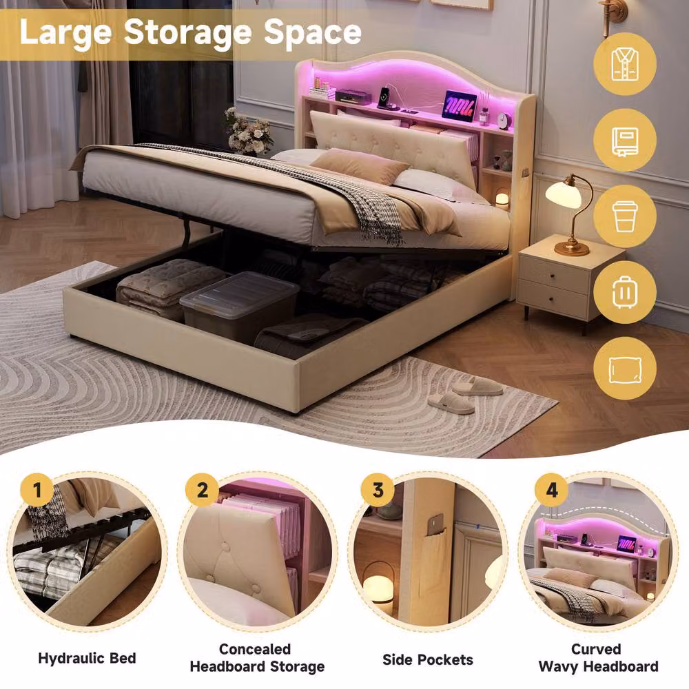 Matteo Double Upholstered Storage Bed Frame in Beige with LED Lighting and USB Charging Ports, W/D/H: 140 x 200 cm – 3