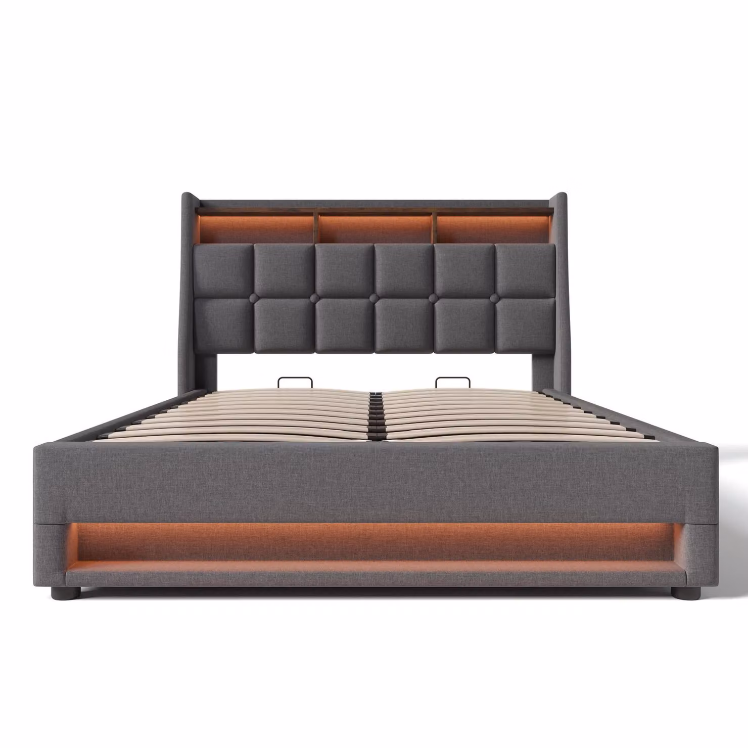 Aosom UK Grey Upholstered King Bed Frame with LED Lighting and Gas-Lift Under-Bed Storage, W/D/H: 155 x 210 x 117 cm – 2