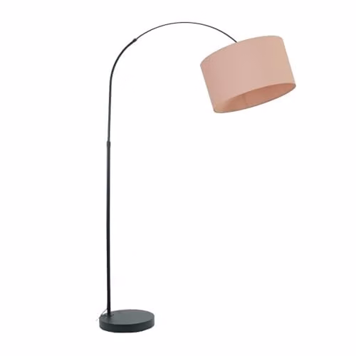 ValueLights Louis Black Metal Arched Floor Lamp with Dusty Pink Fabric Drum Shade – 1