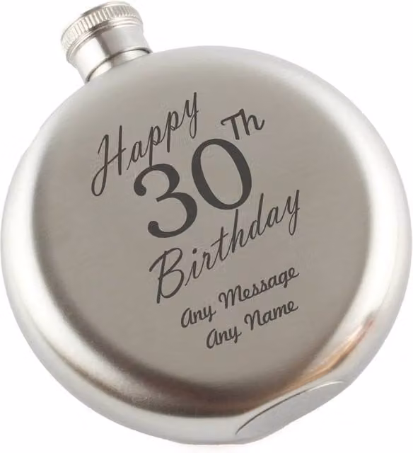 Uniqueful Personalised Happy 30th Birthday Engraved Stainless Steel Round Hip Flask, 5oz, Silver