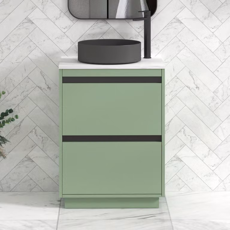 Royal Bathrooms Orion 800mm Mint Sage Floor Standing Countertop Vanity Unit with 2 Drawers, Art Round Basin and Black Accent Trim