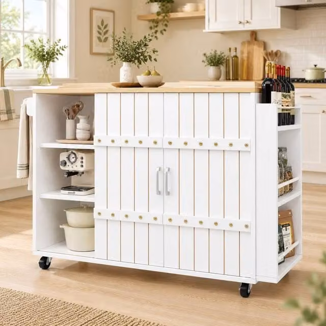 STILVORA Modern White Kitchen Island with Sliding Doors and Drawers, W/D/H: 110 x 42 x 90 cm